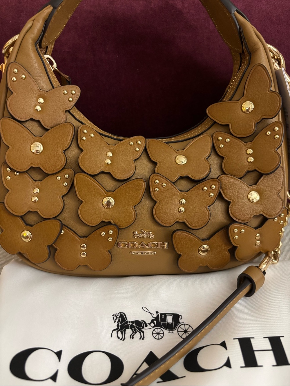 Coach Carmen Mini Crossbody Bag Butterfly Appliqué Leather Brown Gold - Picture 12 of 16